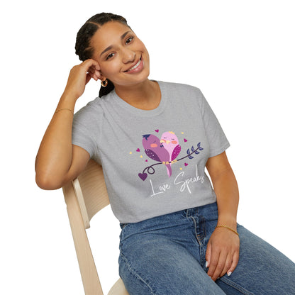 Love Speaks T-Shirt, Cute Bird Graphic Tee, Valentine's Day Gift, Relationship Shirt, Softstyle Top