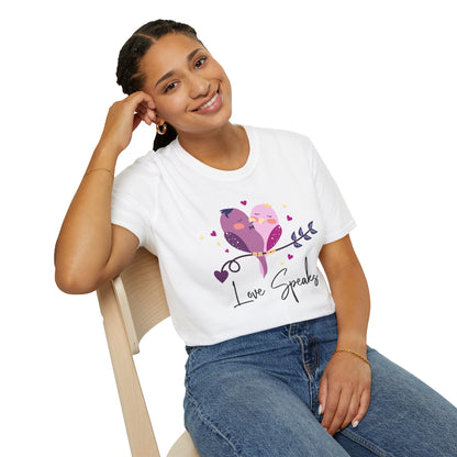Love Speaks T-Shirt, Cute Bird Graphic Tee, Valentine's Day Gift, Relationship Shirt, Softstyle Top