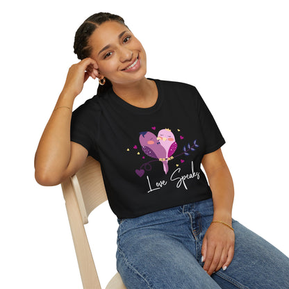 Love Speaks T-Shirt, Cute Bird Graphic Tee, Valentine's Day Gift, Relationship Shirt, Softstyle Top