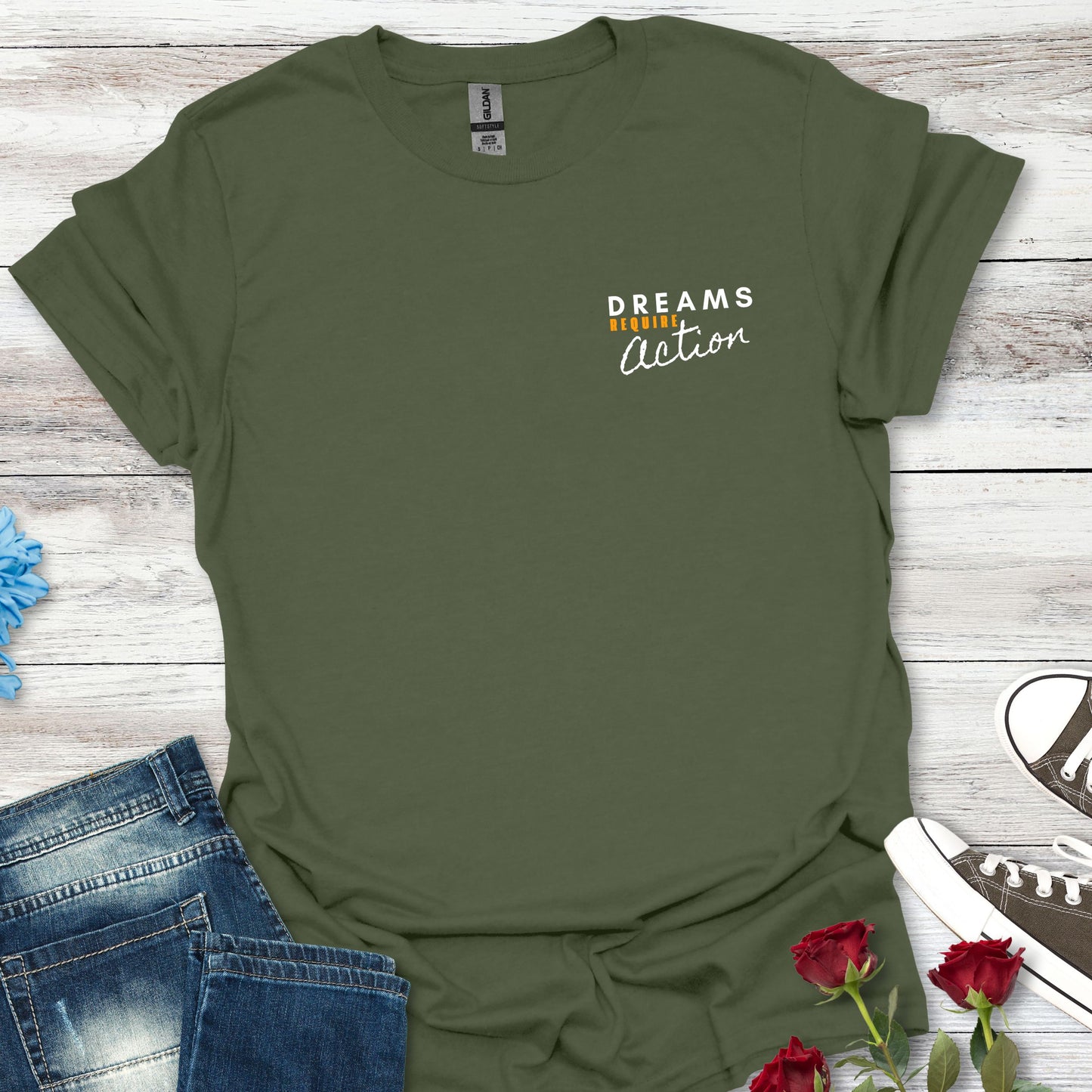 Dreams Require Action Pocket Graphic - Motivation in Motion Tee