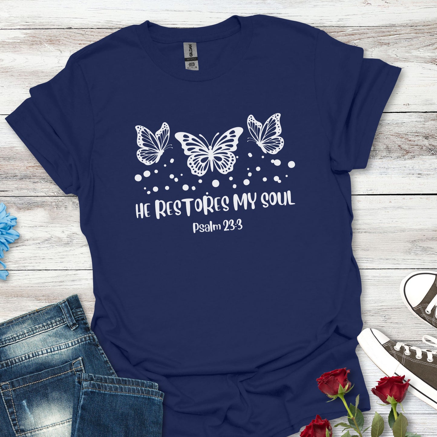Faith-Inspired Butterfly T-Shirt (B) - 'He Restores My Soul' - Soft-style Tee for Spiritual Gifts, Inspirational Wear