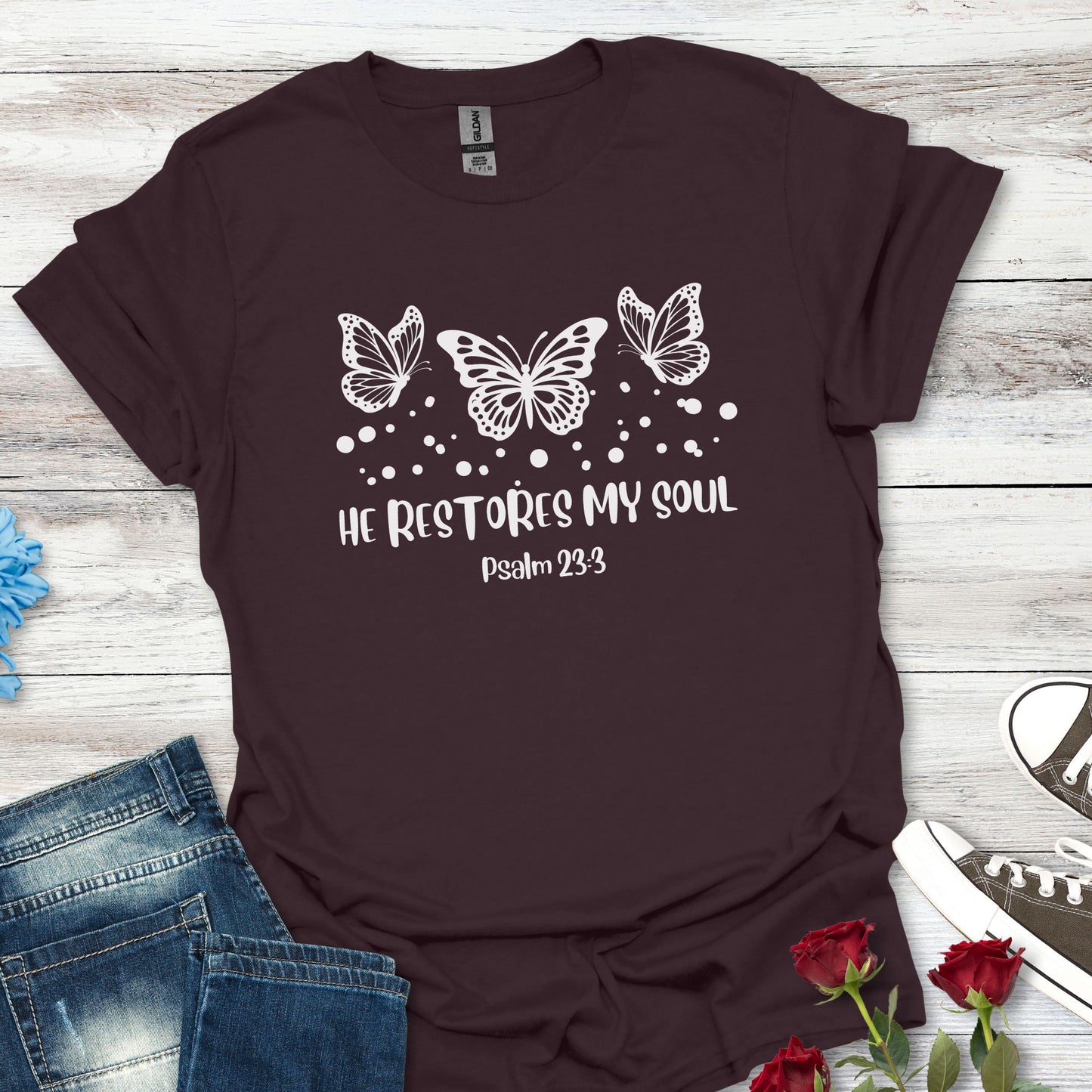 Faith-Inspired Butterfly T-Shirt (B) - 'He Restores My Soul' - Soft-style Tee for Spiritual Gifts, Inspirational Wear