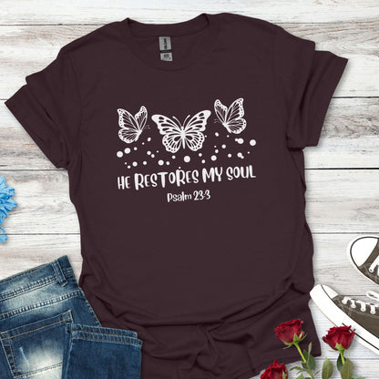Faith-Inspired Butterfly T-Shirt (B) - 'He Restores My Soul' - Soft-style Tee for Spiritual Gifts, Inspirational Wear