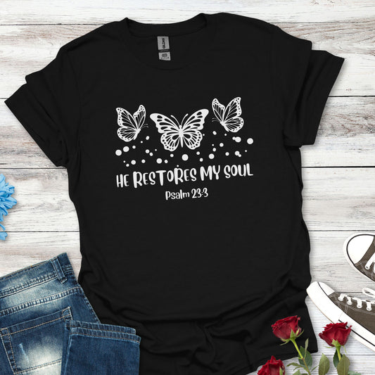 Faith-Inspired Butterfly T-Shirt (B) - 'He Restores My Soul' - Soft-style Tee for Spiritual Gifts, Inspirational Wear