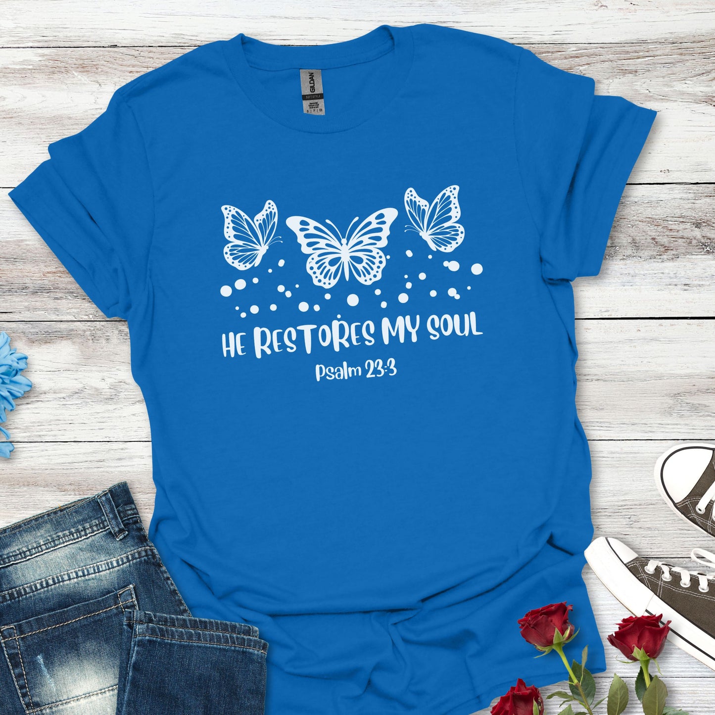 Faith-Inspired Butterfly T-Shirt (B) - 'He Restores My Soul' - Soft-style Tee for Spiritual Gifts, Inspirational Wear