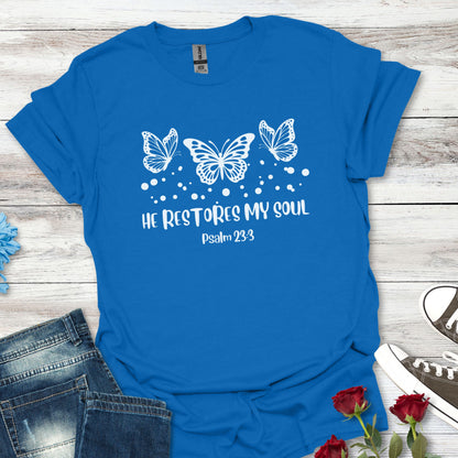 Faith-Inspired Butterfly T-Shirt (B) - 'He Restores My Soul' - Soft-style Tee for Spiritual Gifts, Inspirational Wear