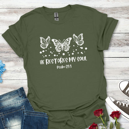 Faith-Inspired Butterfly T-Shirt (B) - 'He Restores My Soul' - Soft-style Tee for Spiritual Gifts, Inspirational Wear