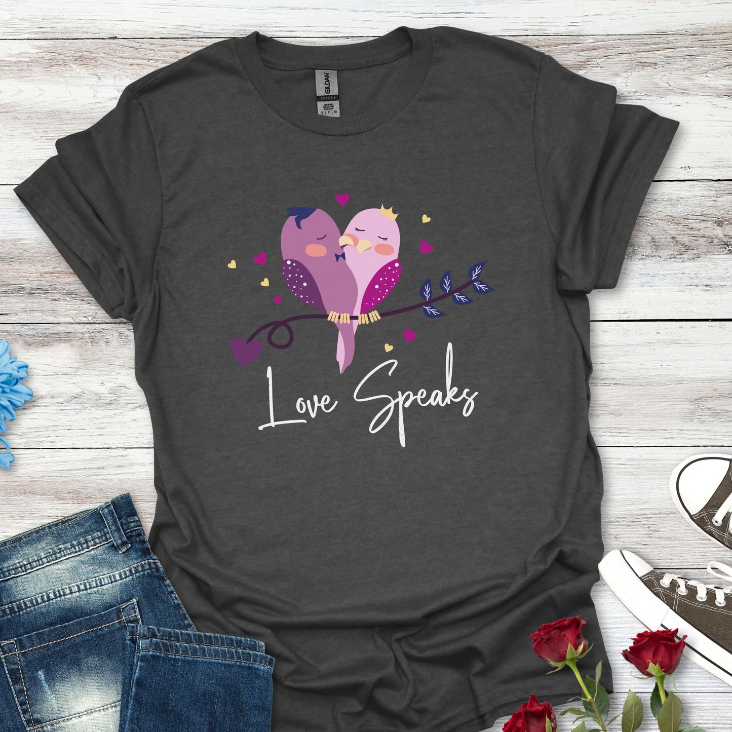 Love Speaks T-Shirt, Cute Bird Graphic Tee, Valentine's Day Gift, Relationship Shirt, Softstyle Top