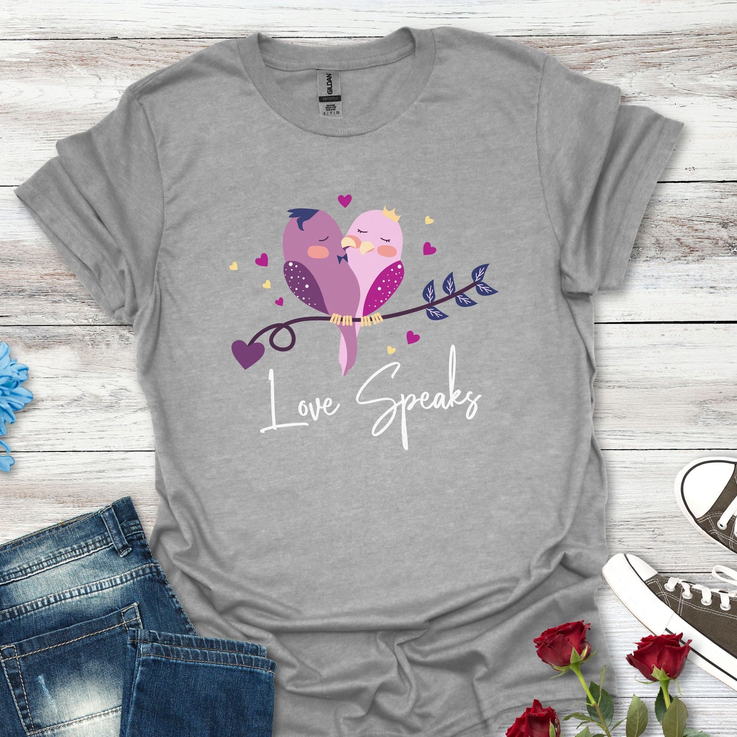 Love Speaks T-Shirt, Cute Bird Graphic Tee, Valentine's Day Gift, Relationship Shirt, Softstyle Top