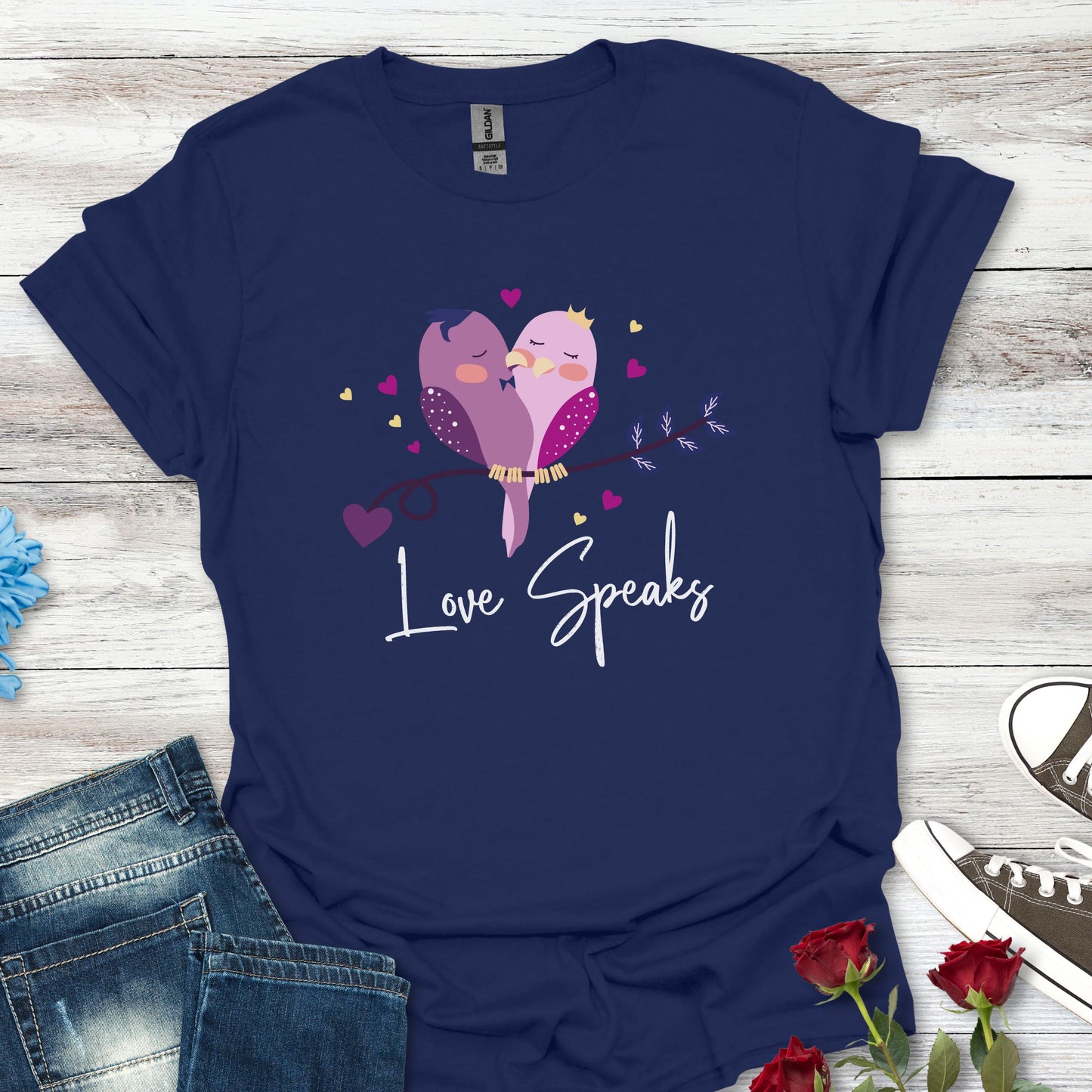Love Speaks T-Shirt, Cute Bird Graphic Tee, Valentine's Day Gift, Relationship Shirt, Softstyle Top