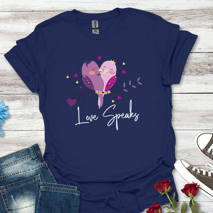 Love Speaks T-Shirt, Cute Bird Graphic Tee, Valentine's Day Gift, Relationship Shirt, Softstyle Top