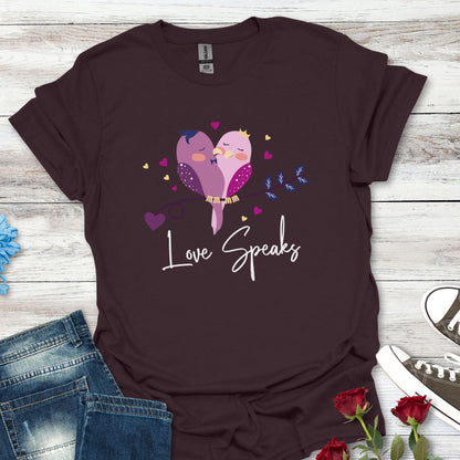 Love Speaks T-Shirt, Cute Bird Graphic Tee, Valentine's Day Gift, Relationship Shirt, Softstyle Top