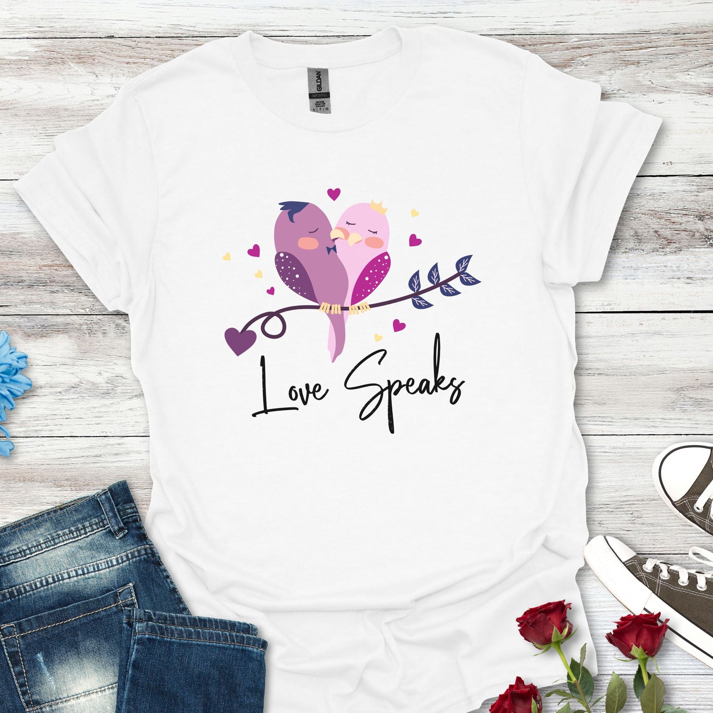 Love Speaks T-Shirt, Cute Bird Graphic Tee, Valentine's Day Gift, Relationship Shirt, Softstyle Top