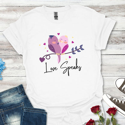 Love Speaks T-Shirt, Cute Bird Graphic Tee, Valentine's Day Gift, Relationship Shirt, Softstyle Top