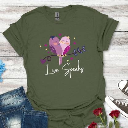 Love Speaks T-Shirt, Cute Bird Graphic Tee, Valentine's Day Gift, Relationship Shirt, Softstyle Top