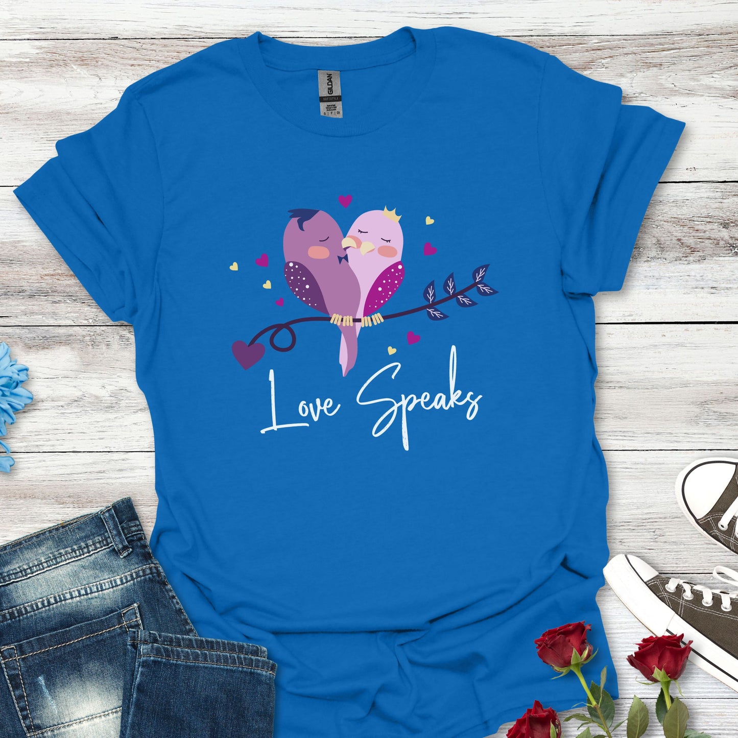 Love Speaks T-Shirt, Cute Bird Graphic Tee, Valentine's Day Gift, Relationship Shirt, Softstyle Top