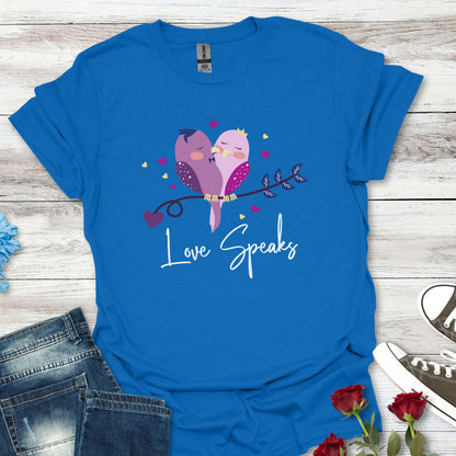 Love Speaks T-Shirt, Cute Bird Graphic Tee, Valentine's Day Gift, Relationship Shirt, Softstyle Top