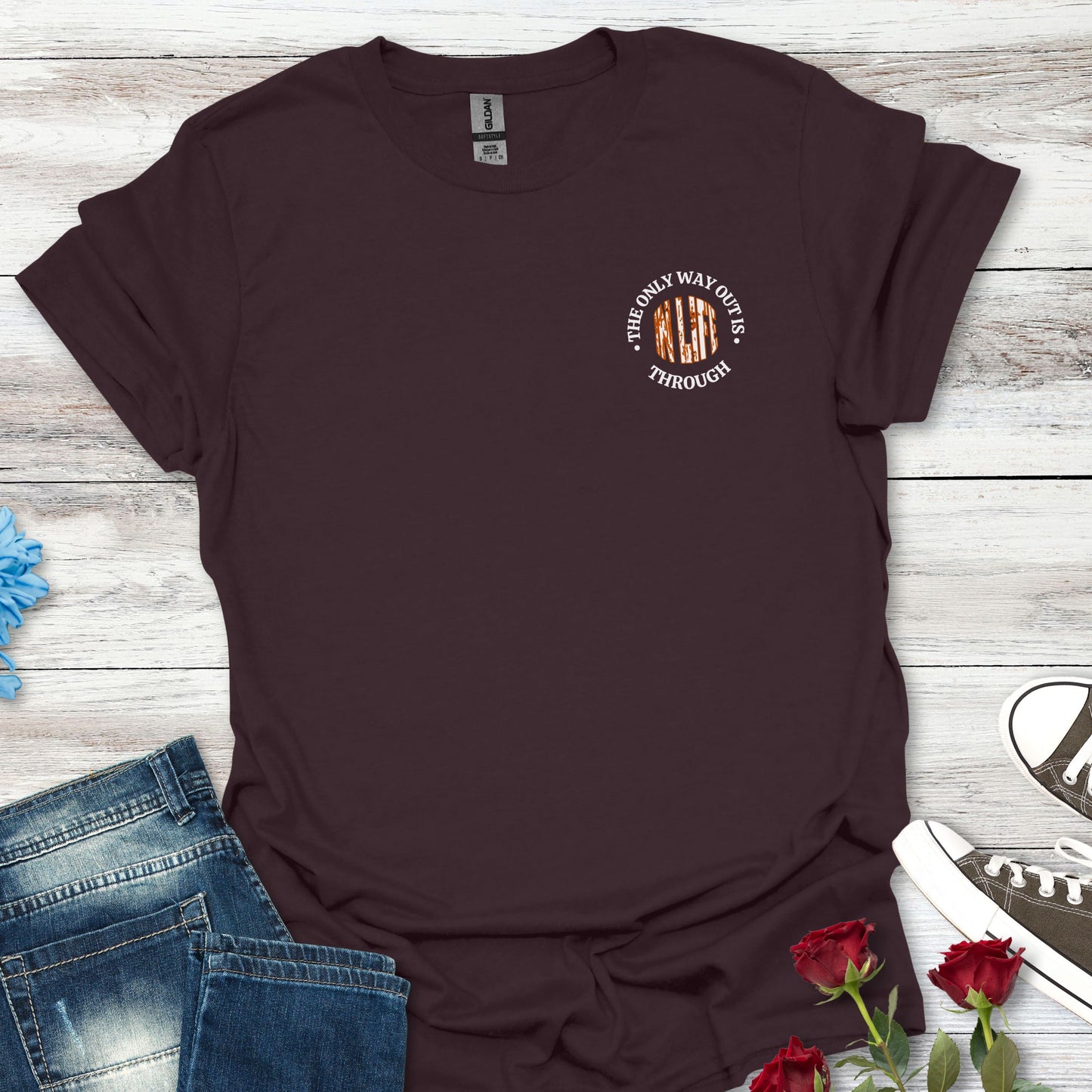 Motivational Unisex Softstyle T-Shirt - In Life, The Only Way Out Is Through (Pocket Graphic)