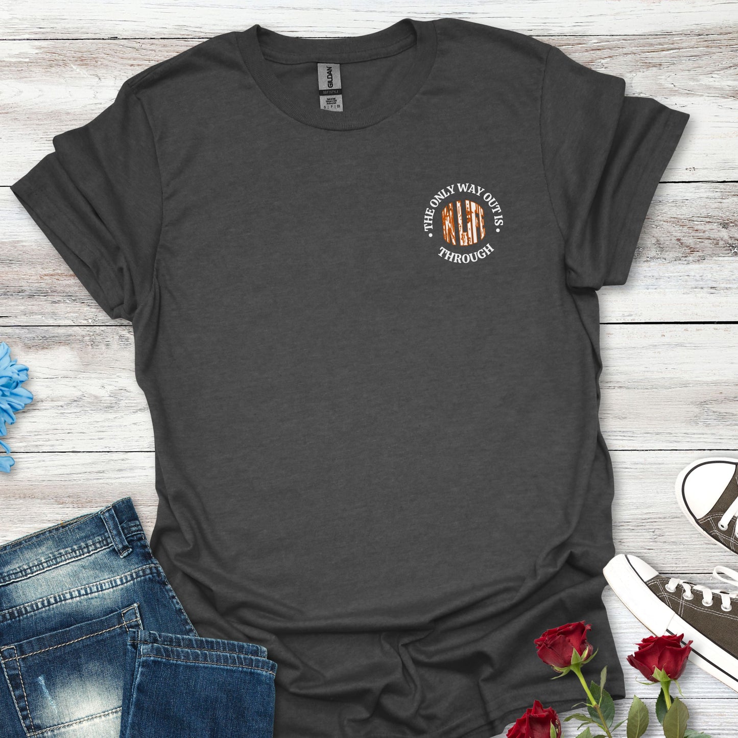 Motivational Unisex Softstyle T-Shirt - In Life, The Only Way Out Is Through (Pocket Graphic)