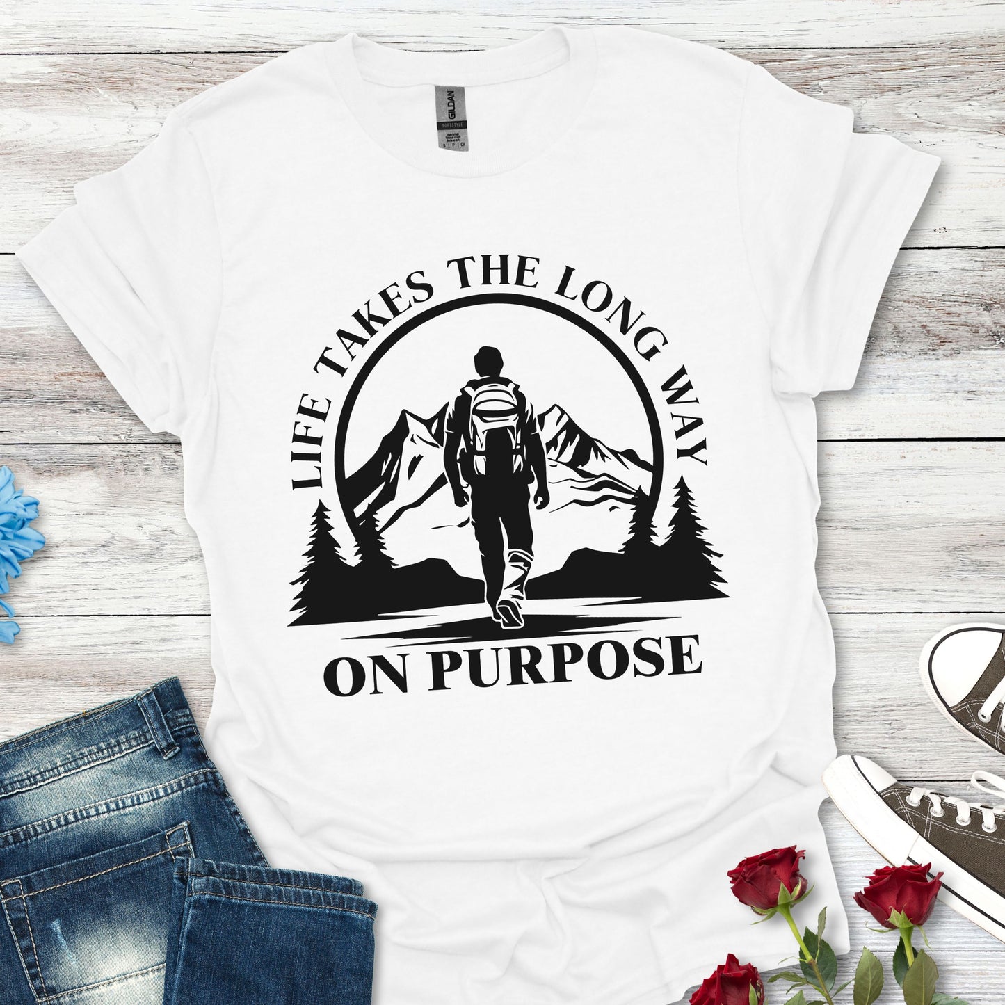 Life Takes The Long Way On Purpose T-Shirt — Mountain Path Purpose Design