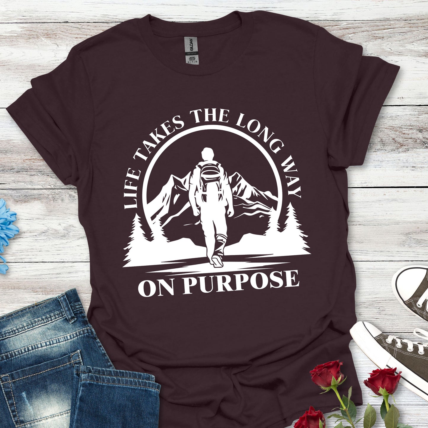 Life Takes The Long Way On Purpose T-Shirt — Mountain Path Purpose Design