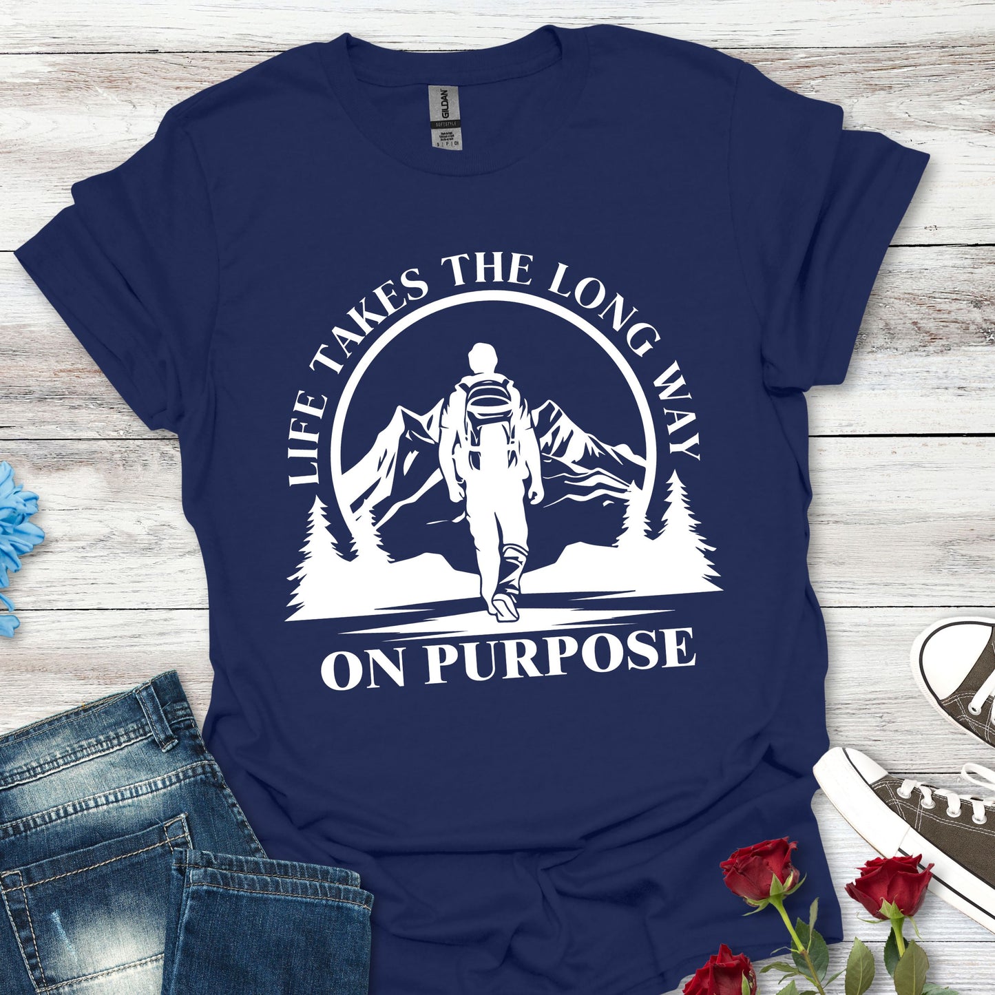 Life Takes The Long Way On Purpose T-Shirt — Mountain Path Purpose Design