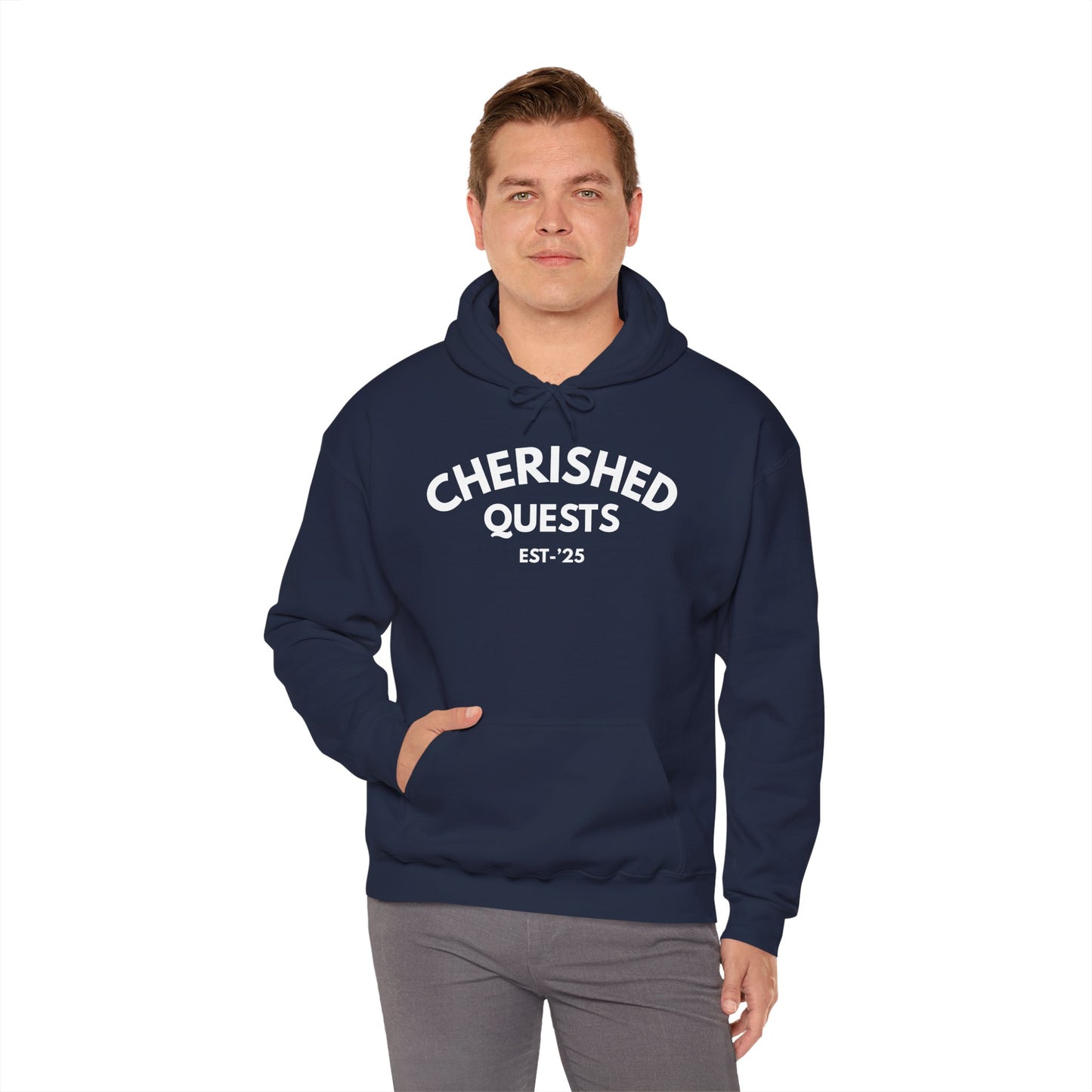 Cherished Quests Hoodie — Minimal Vintage 'Cherished Quests EST. '25' Pullover